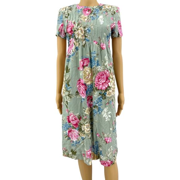 Positive Attitude (4) Petite VINTAGE 90's Green Floral Pleated Sheath Midi Dress - Picture 1 of 8